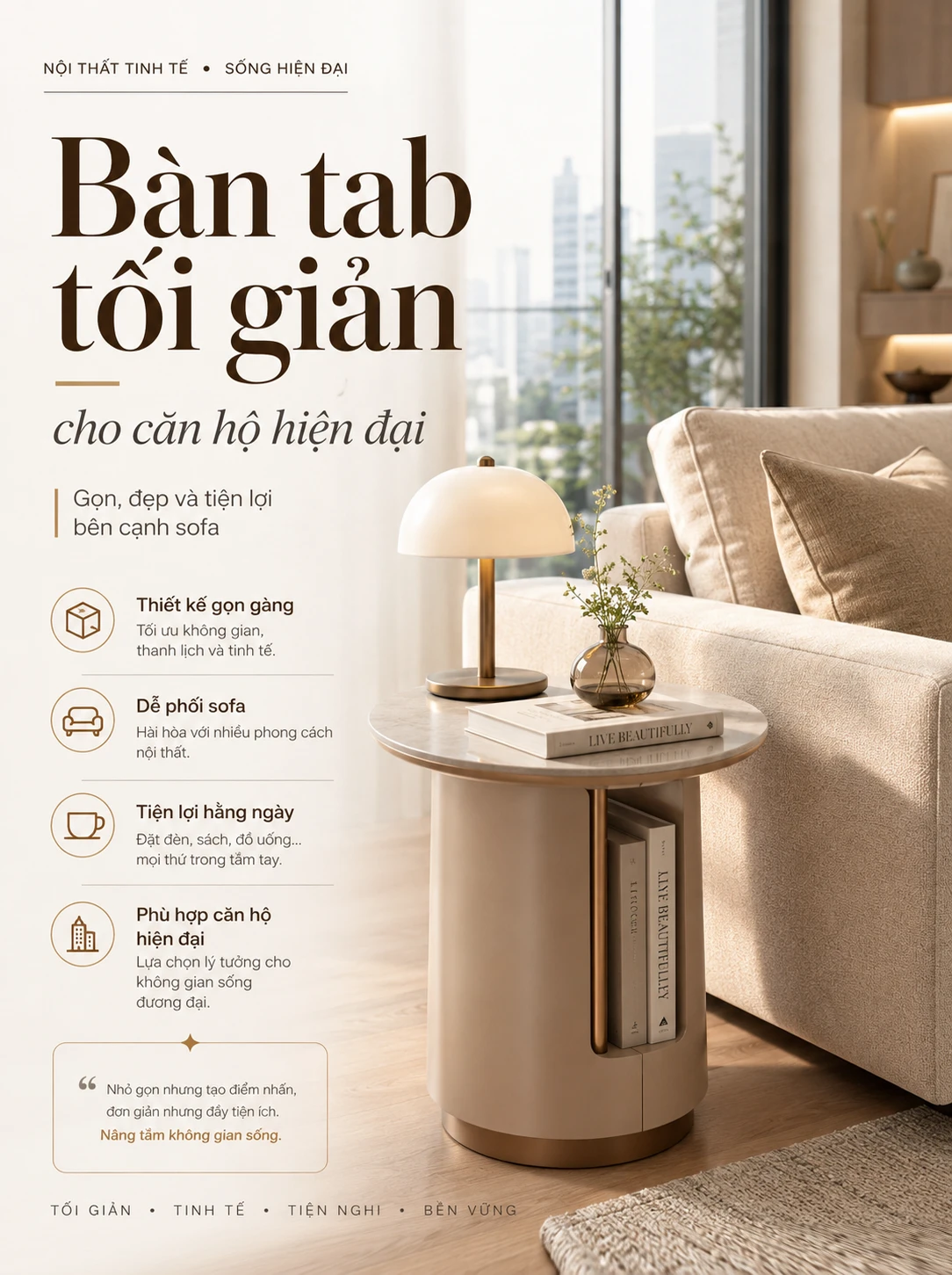 Bàn tab tối giản cho căn hộ hiện đại - Gọn, đẹp và tiện lợi bên cạnh sofa