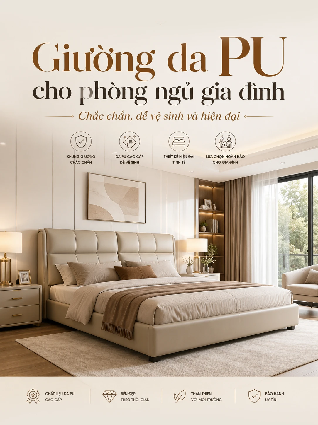 Giường da PU cho phòng ngủ gia đình - Chắc chắn, dễ vệ sinh và hiện đại