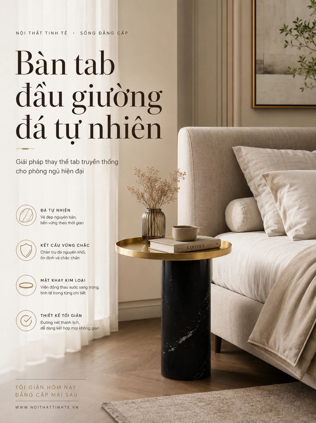 Bàn tab đầu giường đá tự nhiên - Giải pháp thay thế tab truyền thống cho phòng ngủ hiện đại
