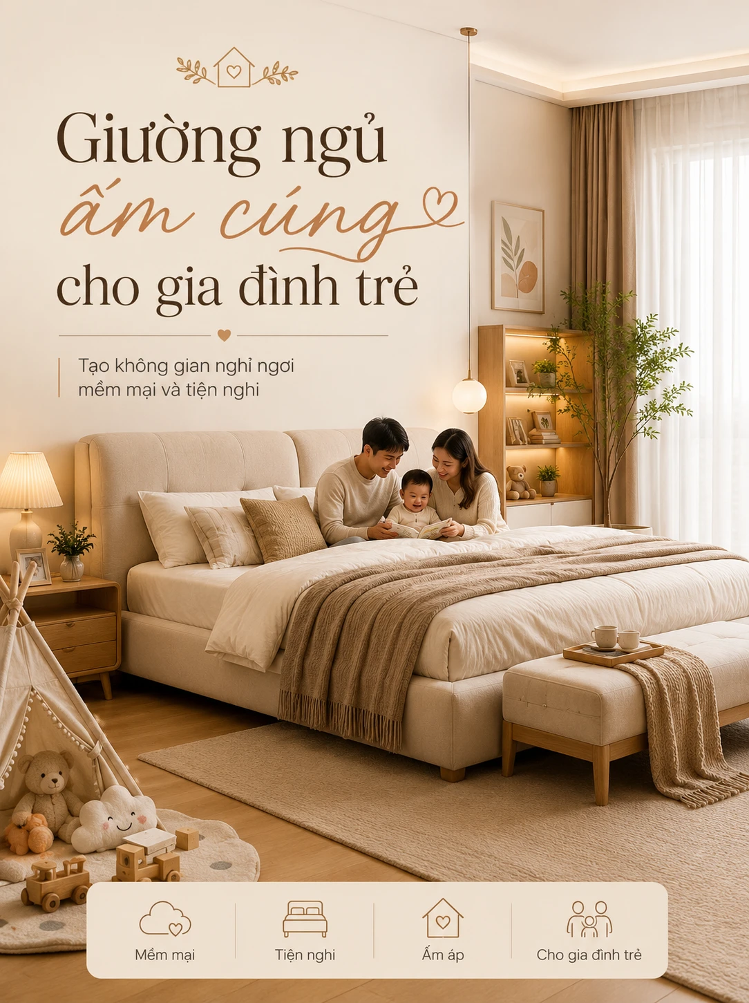 Giường ngủ ấm cúng cho gia đình trẻ - Tạo không gian nghỉ ngơi mềm mại và tiện nghi