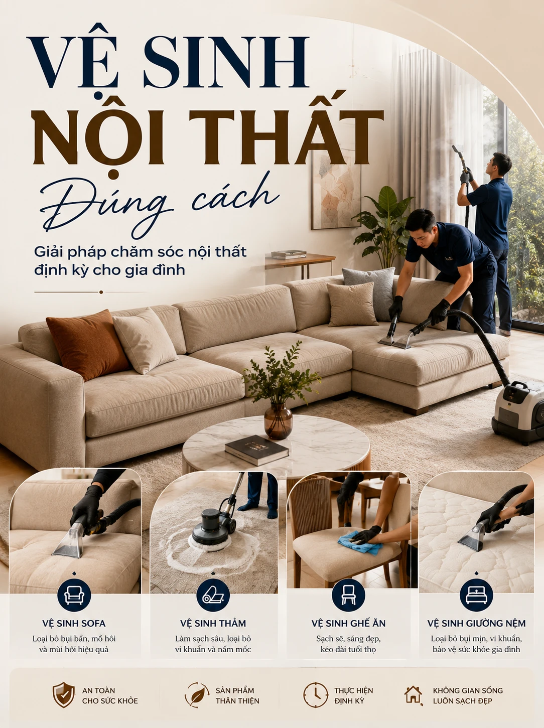 Vệ sinh sofa, thảm, ghế ăn, giường nệm - Giải pháp chăm sóc nội thất định kỳ cho gia đình