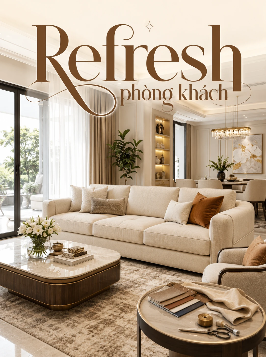 Làm mới phòng khách trọn gói - Bọc lại sofa, sửa sofa, vệ sinh và phối nội thất đồng bộ